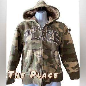 The Place Camouflage Zip Up Hoodie Sweatshirt Womens M Medium